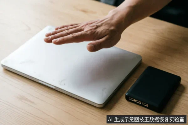 一只悬停在闭合银色笔记本电脑上方的手,旁边放置着一个黑色移动硬盘,示意在遇到数据故障时暂停操作、保护原始介质的状态。