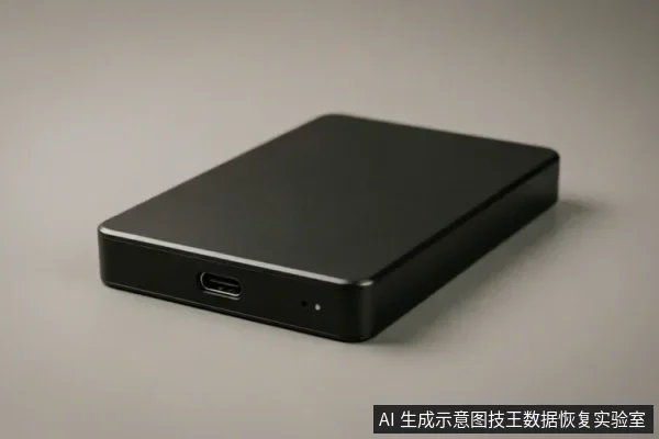 一个黑色的长方形移动硬盘侧放在灰色背景上,侧面清晰可见一个USB Type-C接口和一个微小的圆形指示灯孔。