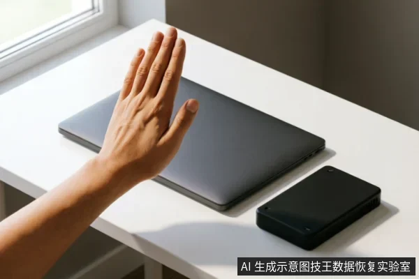 一只手掌悬停在闭合的笔记本电脑上方,做出停止或拒绝的手势,旁边桌面上放置着一个黑色的外接移动硬盘。画面通过肢体语言直观传达出在设备故障时“立即停止操作”、“禁止写入”及“保持现状”的紧急止损原则。