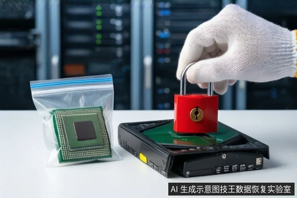 白色桌面上，左侧防静电袋内装有一块绿色芯片，右侧平放一块打开外壳的机械硬盘。前景一只戴白手套的手持红色挂锁悬停在硬盘上方。背景为模糊的服务器机柜。