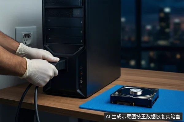 木质桌面上,左侧竖立一台黑色塔式主机,前景一双戴白手套的手正在按压主机正面的电源按钮。右侧蓝色防静电垫上平放一块打开外壳的机械硬盘,露出盘片与磁头组件。背景为模糊的城市夜景。