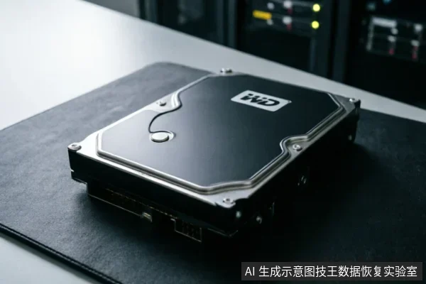 一张特写照片,展示了一块黑色的WD品牌机械硬盘放置在深色防静电垫上。背景模糊可见服务器机柜及亮起的黄色指示灯,营造出专业数据恢复或硬件检测实验室的环境氛围。