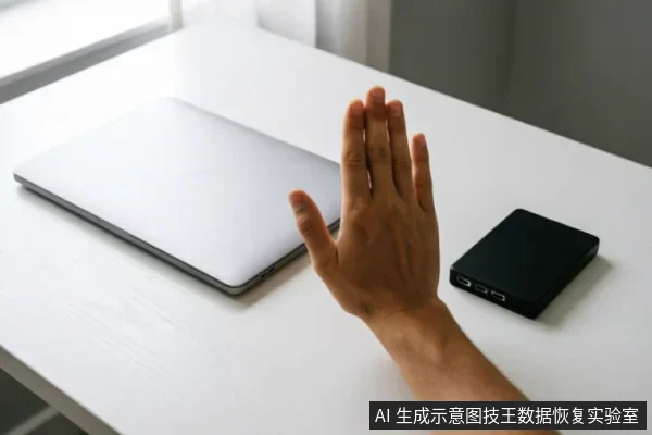 白色桌面上放置着一台闭合的银色笔记本电脑和一个黑色移动硬盘。一只手掌在两者之间竖起,做出明显的停止或拒绝手势,示意暂停操作或保持距离。