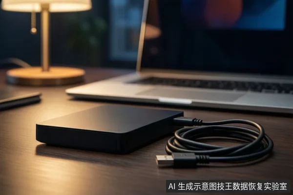 深色木桌上,左侧是一台银色笔记本电脑,中间平放一个黑色外接硬盘盒,旁边盘绕着一根黑色USB线缆。左侧有一盏亮着的金属台灯,背景是模糊的室内环境。