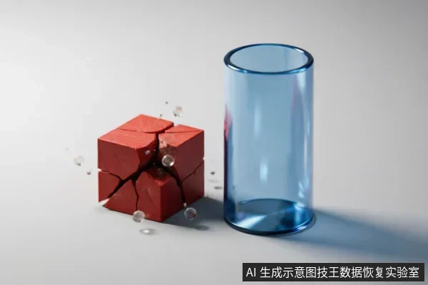 画面展示了一个红色的立方体正在崩裂破碎,碎片向外飞溅,旁边立着一个蓝色的透明圆柱形容器。红色方块象征受损的存储介质或数据,蓝色容器暗示对数据的保护与隔离,隐喻在硬盘故障时避免写入操作、优先保护原始数据的重要性。