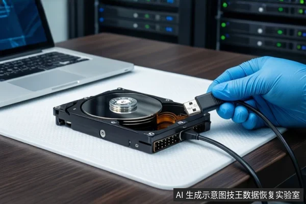 深色木桌上，一只戴蓝色手套的手持USB接头靠近一块打开外壳的机械硬盘，左侧有一台银色笔记本电脑，背景为模糊的服务器机柜。