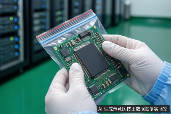 洁净室绿色台面上,一双戴白色手套的手正握持一个透明自封袋,袋内装有一块带有黑色芯片的绿色电路板。背景左侧是一台黑色多盘位存储设备。