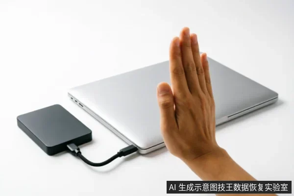 画面展示了一台银色笔记本电脑通过数据线连接着黑色移动硬盘。一只手在设备旁做出明显的拒绝或停止手势,示意用户立即停止操作,不要继续通电或尝试读取,符合故障排查时防止二次伤害的警示意图。