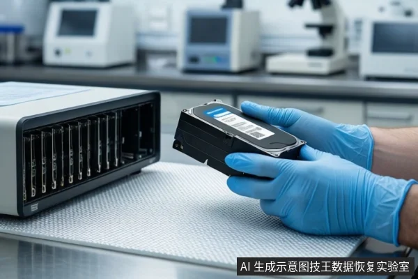 实验室环境中,一双戴蓝色手套的手正握持一块黑色硬盘,左侧桌面上放置一台带有多插槽的硬盘镜像设备,背景为模糊的实验室仪器。