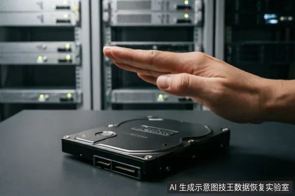 一只手掌悬停在放置于桌面的监控硬盘上方，做出明显的停止或拒绝手势。背景为模糊的服务器机柜，暗示数据环境。画面直观传达了在硬盘故障时立即断电、禁止通电尝试及停止操作的理念。