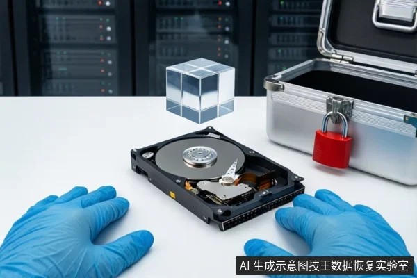 白色桌面上,前景一双戴蓝色手套的手平放。中间平放一块打开外壳的机械硬盘,上方悬浮一个透明立方体。右侧为一个打开的银色金属防震箱,箱体挂有红色挂锁。背景为模糊的服务器机柜。