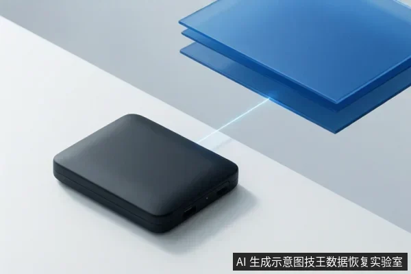 画面中有一个黑色方形存储设备,旁边有蓝色透明层和光线连接,示意数据读取或检测过程。