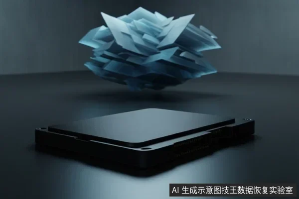 深色桌面上放置一块黑色固态硬盘，上方悬浮着一簇浅蓝色晶体状抽象结构，背景为暗色室内空间。