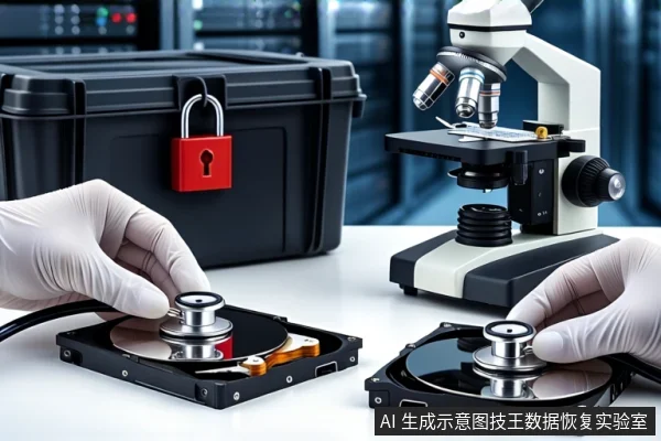 白色桌面上,一双戴白手套的手分别扶住两块打开外壳的机械硬盘,右侧放置显微镜,后方黑色防震箱挂红色挂锁,背景为模糊的服务器机柜。