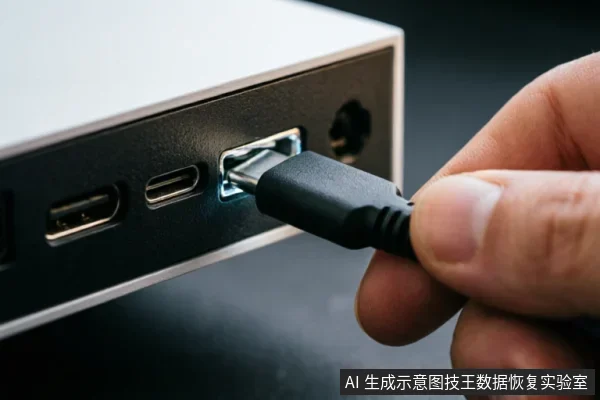 A close-up of a hand inserting a black USB cable into the front port of a silver external drive next to an HDMI port.