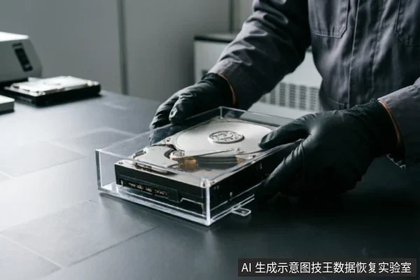 一名佩戴黑色防静电手套的技术人员,在洁净的工作台上双手托举着一个已打开上盖的机械硬盘。硬盘被放置在透明亚克力防护盒中,背景可见其他存储设备,呈现出专业数据恢复实验室的硬件检测场景。