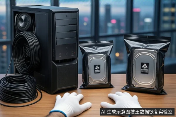 木质桌面上放置一台黑色台式主机,左侧盘绕着黑色线缆。右侧两个黑色防静电袋内各装有一块硬盘。一双戴白色手套的手平放在桌面上,背景为模糊的窗户和城市夜景。
