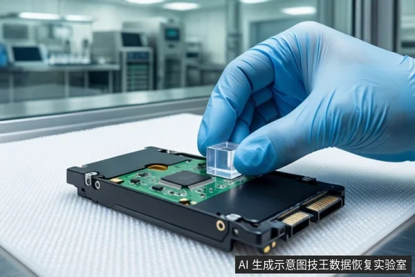 实验室白色防静电垫上平放一块打开外壳的固态硬盘,露出绿色电路板。一只戴蓝色手套的手正握持一个透明立方体,悬停在电路板上方。背景为模糊的实验室设备。
