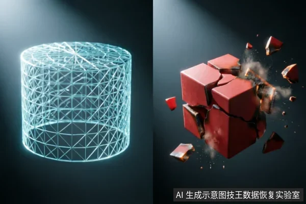 左侧为发光的蓝色线框圆柱体,象征逻辑结构或数据容器;右侧为一个红色的实体立方体正在崩裂破碎,碎片飞溅,象征物理损坏或硬件故障。画面通过抽象对比展示了数据逻辑与物理介质受损的状态。