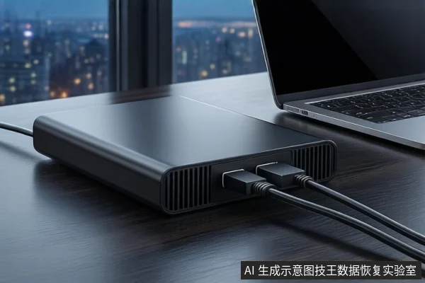 深色木桌上平放一个黑色外接硬盘盒,正面接口连接两根黑色线缆。右侧有一台银色笔记本电脑,屏幕关闭。背景是模糊的城市夜景窗户。