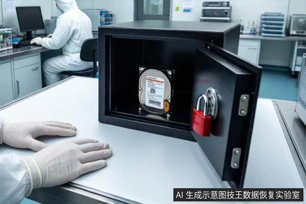 洁净室白色桌面上,前景一双戴白手套的手平放。中间黑色防震箱打开,箱内固定一块机械硬盘并挂有红色挂锁。背景为实验室环境,一名穿无尘服的技术人员正在操作电脑。