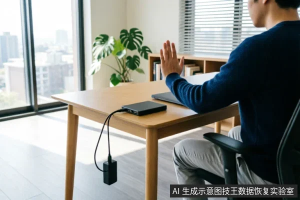 一名男子坐在木质办公桌前,面对笔记本电脑举起手掌做出停止手势。桌上放置着一个外接移动硬盘,其电源适配器线缆垂在桌边。背景为明亮的落地窗和绿植,整体画面传达出紧急停止操作或拒绝继续使用的警示意味。