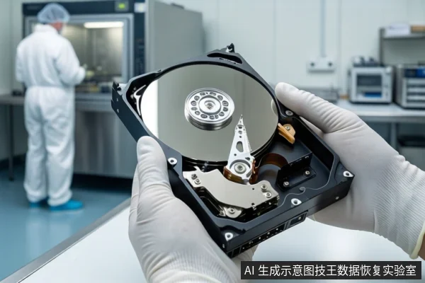 洁净室环境中,一双戴白色手套的手正持握一块打开外壳的机械硬盘,露出盘片与磁头组件。背景中一名身穿白色无尘服的技术人员站在设备前。