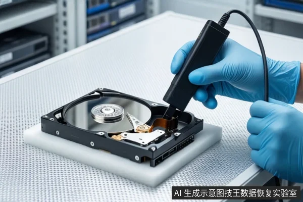白色防静电工作台上,一双戴蓝色手套的手持黑色工具悬停在打开外壳的机械硬盘上方,背景为模糊的服务器机柜。