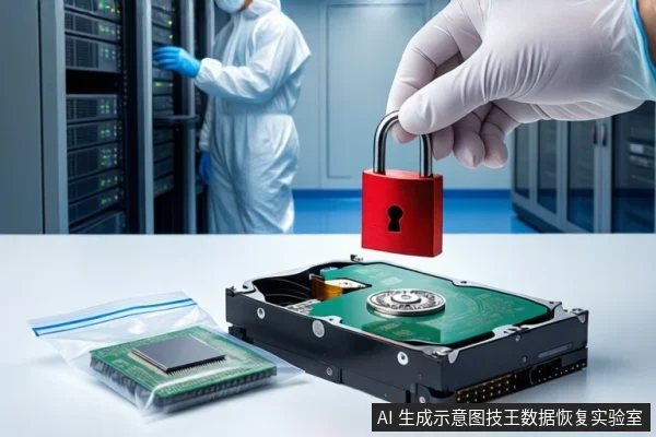 洁净室白色桌面上,前景一只戴白手套的手持红色挂锁悬停在打开外壳的机械硬盘上方。左侧防静电袋内装有一块绿色闪存芯片。背景中一名穿无尘服的技术人员站在服务器机柜旁。