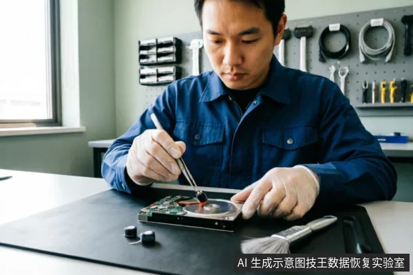 一名身穿蓝色工装、佩戴手套的技术人员正在工作台上使用镊子精细操作裸露的机械硬盘,旁边放有清洁刷和防静电垫,背景为挂满工具的洞洞板,展示了专业硬件数据恢复场景。