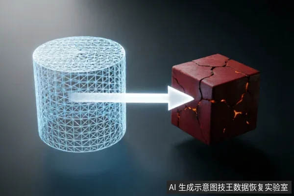 画面左侧为一个发光的蓝色线框圆柱体,象征数字存储介质或数据;一道白色光束箭头从圆柱体射向右侧一个表面布满裂纹、内部透出红光的红色立方体。该图直观展示了数据与受损物理介质之间的关系,暗示对不稳定硬件的干预可能导致进一步破坏。