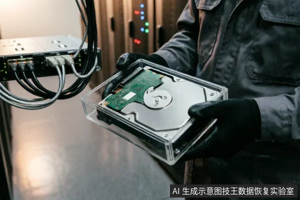 身穿工装戴防静电手套的技术人员双手托举装有机械硬盘的透明塑料盒，背景为带有指示灯和连接线缆的服务器机柜设备。