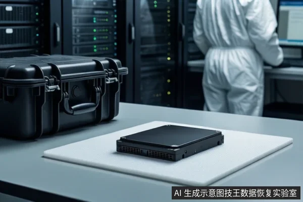 洁净室环境中,白色桌面上平放一块黑色固态硬盘,左侧是一个闭合的黑色防震箱。背景中一名身穿白色无尘服的技术人员正在操作设备。
