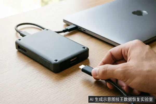一只手正拿着USB-C数据线,准备将其插入连接在笔记本电脑上的黑色移动硬盘盒。画面展示了通过外部设备连接硬盘进行读取或备份的物理操作场景。