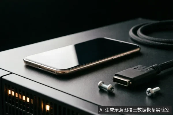 一部智能手机平放在黑色设备顶部,旁边散落着两颗螺丝和一个HDMI接口线缆,设备侧面有散热孔及橙色指示灯亮起。