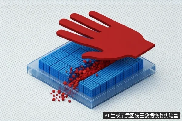 浅灰网格背景上，一只红色手掌压在蓝色网格状固态硬盘模型上，接触处有红色颗粒状碎片散落。