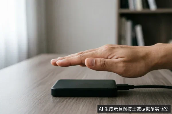 一只手掌悬停在连接着数据线的黑色移动硬盘上方,做出停止或拒绝的手势。背景为模糊的桌面与书架,示意在数据恢复前应立即停止操作、禁止通电或干预,保持设备静止等待专业评估。