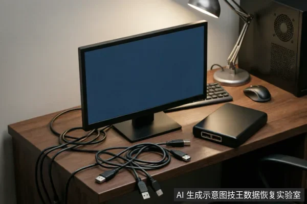 木质办公桌上放置着一台黑屏显示器、键盘、鼠标及一台黑色移动硬盘。桌面上散落着几根盘绕的USB数据线和电源线，右侧有一盏台灯照亮设备，展示了连接线缆与存储设备的物理环境。