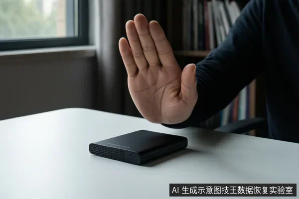 白色桌面上放着一台黑色移动硬盘，右侧一名穿深色长袖的人伸出右手手掌，做出停止或禁止的手势，背景为窗户和书架。