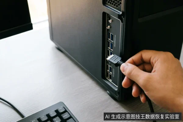 一只手正将一根黑色数据线插入黑色台式电脑主机背面的接口面板中,桌面左下角可见部分键盘,展示了检查或连接外部设备线缆的操作场景。