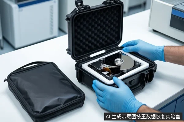 白色桌面上,一双戴蓝色手套的手正扶着一个打开的黑色防震箱,箱内固定着一块打开外壳的机械硬盘,左侧放有一个闭合的黑色收纳包,背景为模糊的实验室设备。