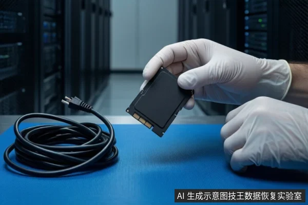 蓝色防静电垫上,一双戴白色手套的手正握持一块裸露的黑色固态硬盘(SSD),左侧平放一卷黑色线缆,背景为模糊的服务器机柜。