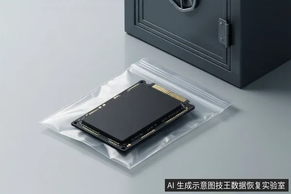 画面中一块M.2 NVMe固态硬盘平放在透明防静电袋内，背景为灰色台面和黑色箱体。
