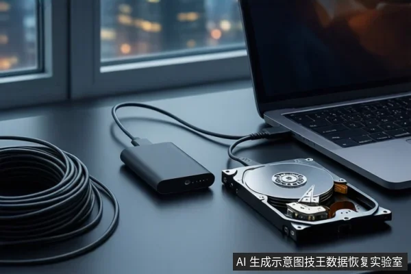 深色桌面上,左侧盘绕着黑色线缆,中间一个黑色USB适配器连接着右侧的银色笔记本电脑。前景平放一块打开外壳的机械硬盘,可见盘片、主轴和磁头组件。背景为模糊的窗户和城市夜景。