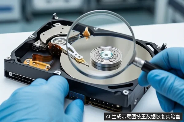 洁净室白色桌面上,戴蓝色手套的双手正持放大镜观察一块打开外壳的机械硬盘,背景为模糊的实验室环境。