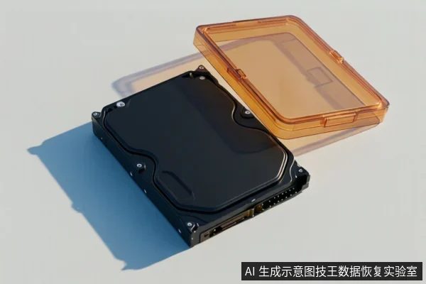 白色背景上放置一块黑色机械硬盘,旁边有一个打开的橙色透明塑料保护盒盖。