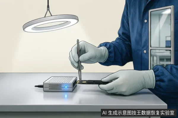 身穿蓝色防静电服、佩戴手套的技术人员，正使用镊子将一块M.2固态硬盘插入带有蓝色指示灯的只读写保护设备中。背景为专业实验室环境，展示了数据恢复中连接原盘进行镜像备份的操作场景。