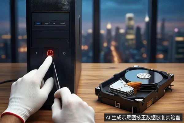 木质桌面上，左侧竖立一台黑色塔式主机，前景一双戴白手套的手正在按压主机正面的电源按钮。右侧平放一块打开外壳的机械硬盘，露出盘片与磁头组件。背景为模糊的窗户和城市夜景。