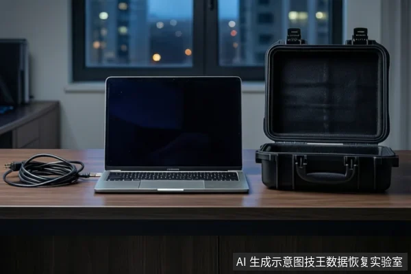 深色木桌上放着一台打开的银色笔记本电脑，左侧盘绕黑色线缆，右侧是一个打开的黑色防震箱，背景为夜景窗户。
