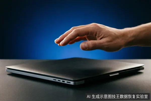 一只悬停在闭合笔记本电脑上方的手，做出停止或即将触碰的动作。背景为深蓝色渐变，桌面整洁无杂物，画面传达出暂停、克制与谨慎的意味，隐喻在故障排查中“先观察后行动”及避免误操作的原则。